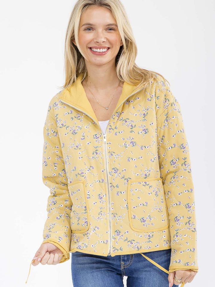 WOMEN'S LONG SLEEVE ZIPPER CLOSURE FRONT POCKETS FLORAL JACKET