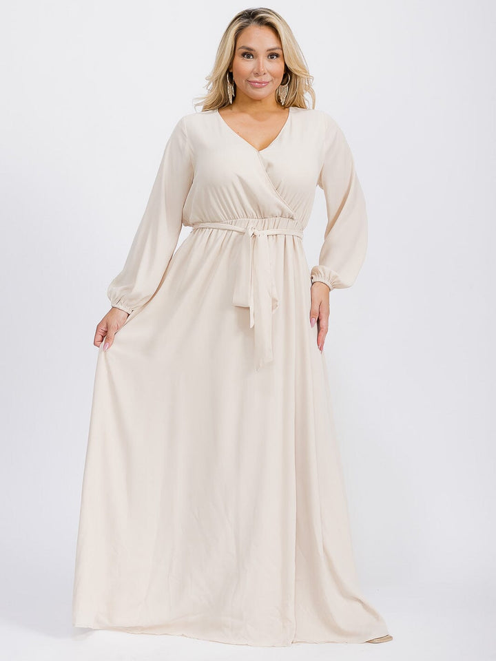 PUS SIZE LONG SLEEVE SELF TIE SURPLICE MAXI GOWN DRESS