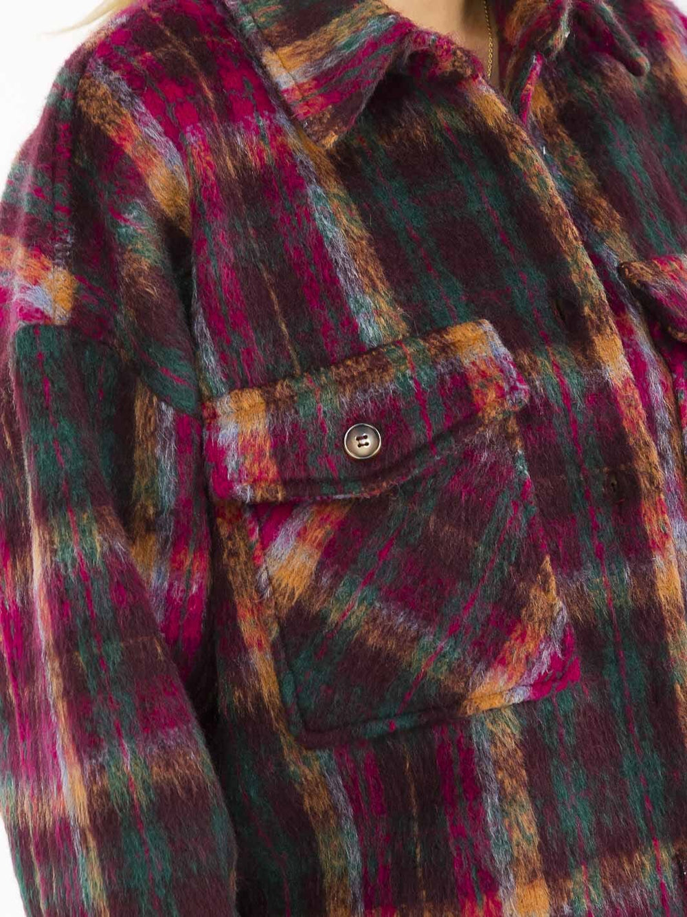 WOMEN'S LONG SLEEVE BUTTON CLOSURE FRONT POCKETS PLAID JACKET