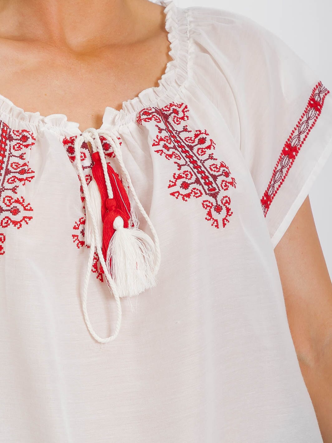 WOMEN'S SHORT SLEEVE EMBROIDERY DETAILED BLOUSE