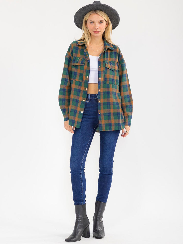 WOMEN'S LONG SLEEVE BUTTON UP FRONT POCKETS PLAID SHIRT