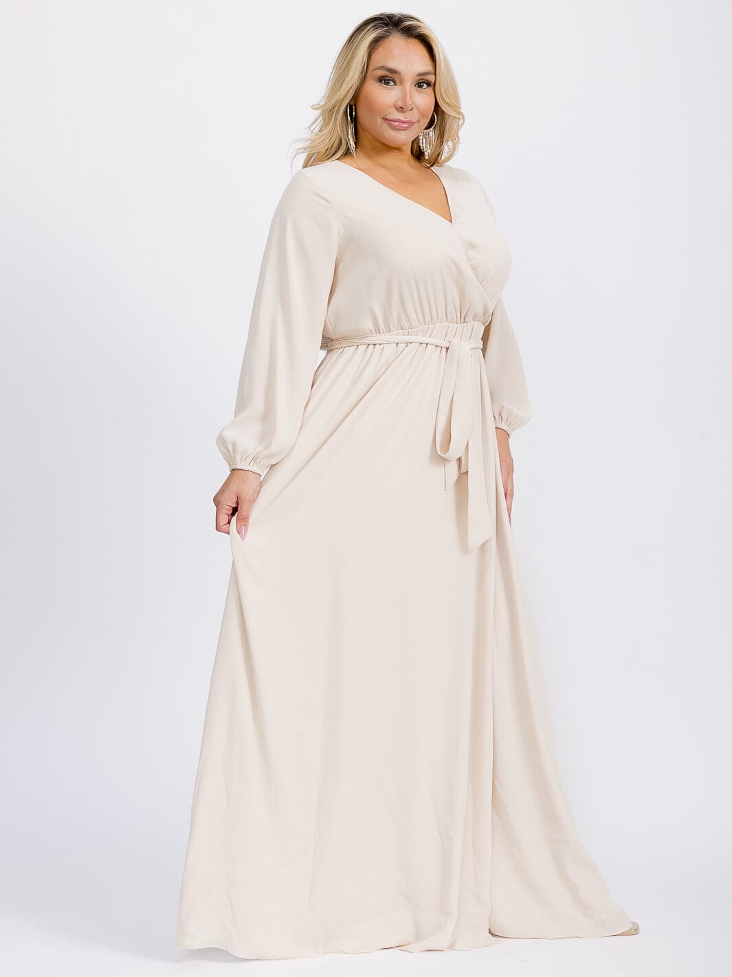 PUS SIZE LONG SLEEVE SELF TIE SURPLICE MAXI GOWN DRESS