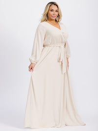 PUS SIZE LONG SLEEVE SELF TIE SURPLICE MAXI GOWN DRESS