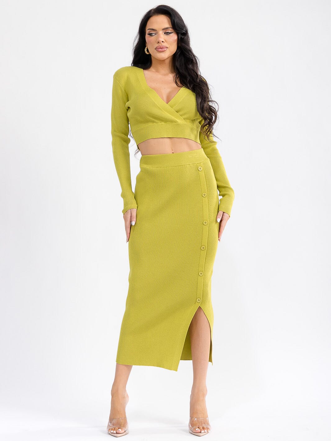 WOMEN'S LONG SLEEVE SURPLICE CROP TOP & ELASTIC WAIST MAXI SKIRT RIBBED 2PC. SET