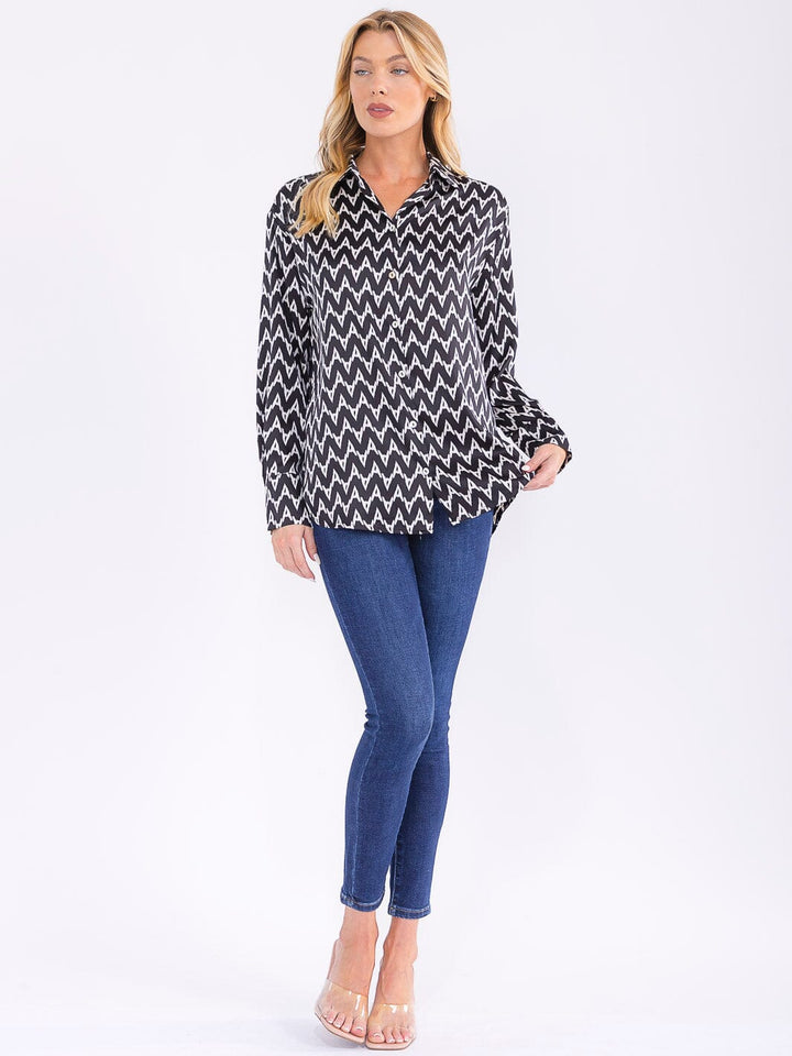 WOMEN'S LONG SLEEVE BUTTON UP HIGH-LOW PRINT BLOUSE