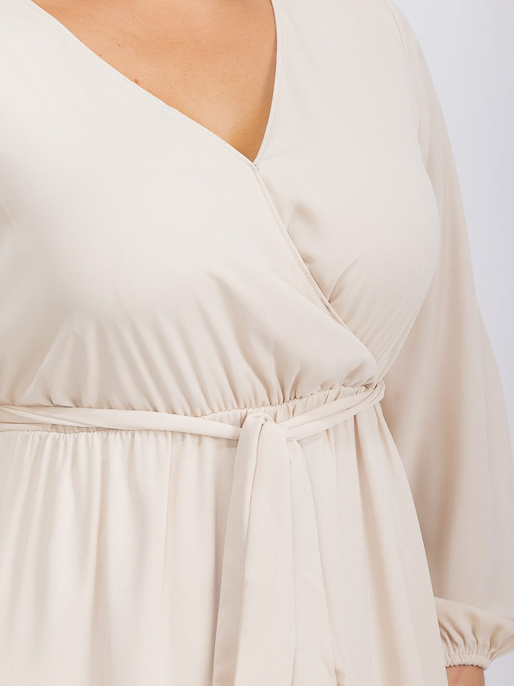 PUS SIZE LONG SLEEVE SELF TIE SURPLICE MAXI GOWN DRESS