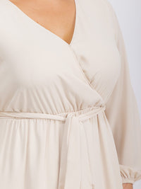 PUS SIZE LONG SLEEVE SELF TIE SURPLICE MAXI GOWN DRESS