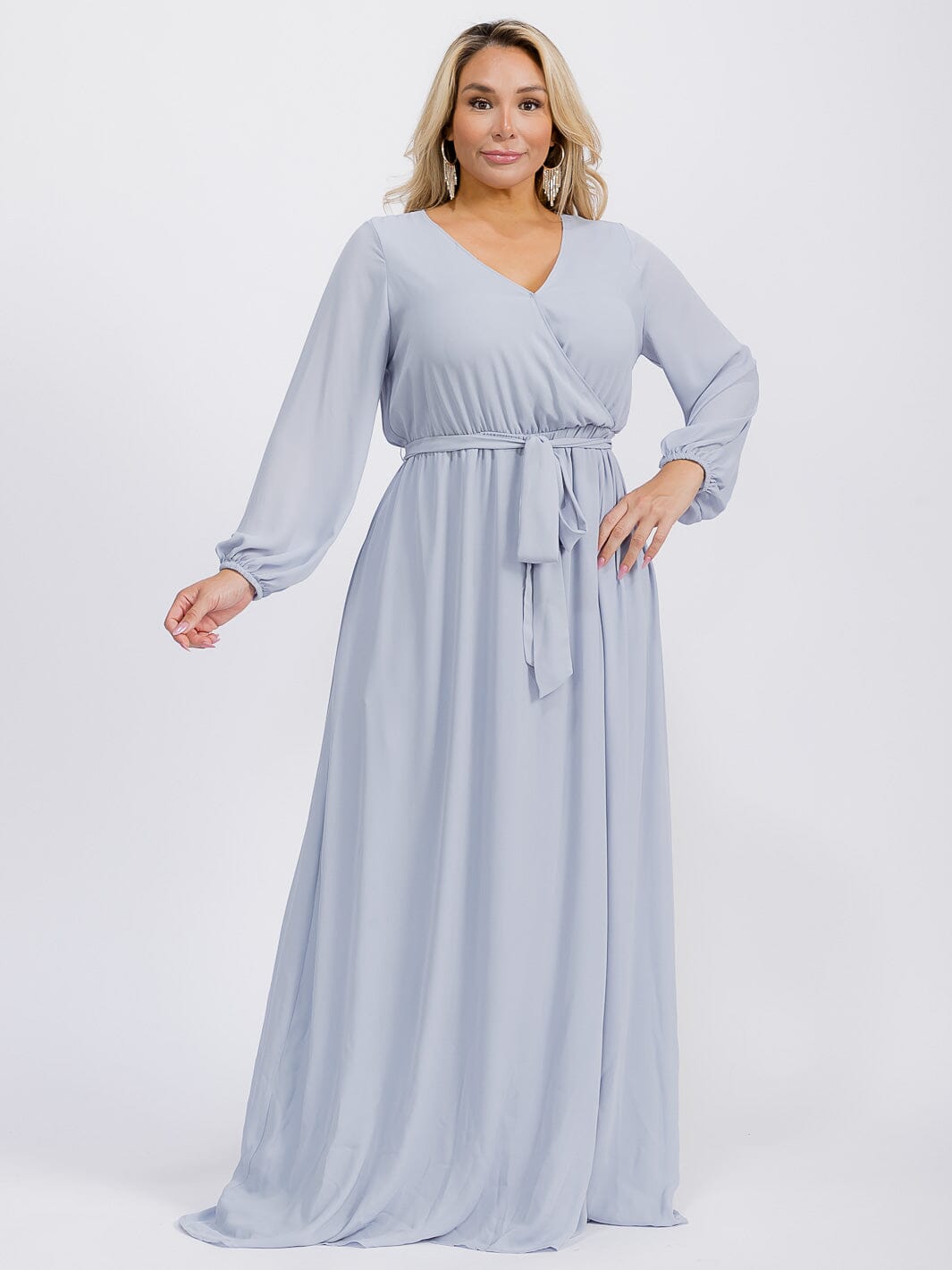 PUS SIZE LONG SLEEVE SELF TIE SURPLICE MAXI GOWN DRESS