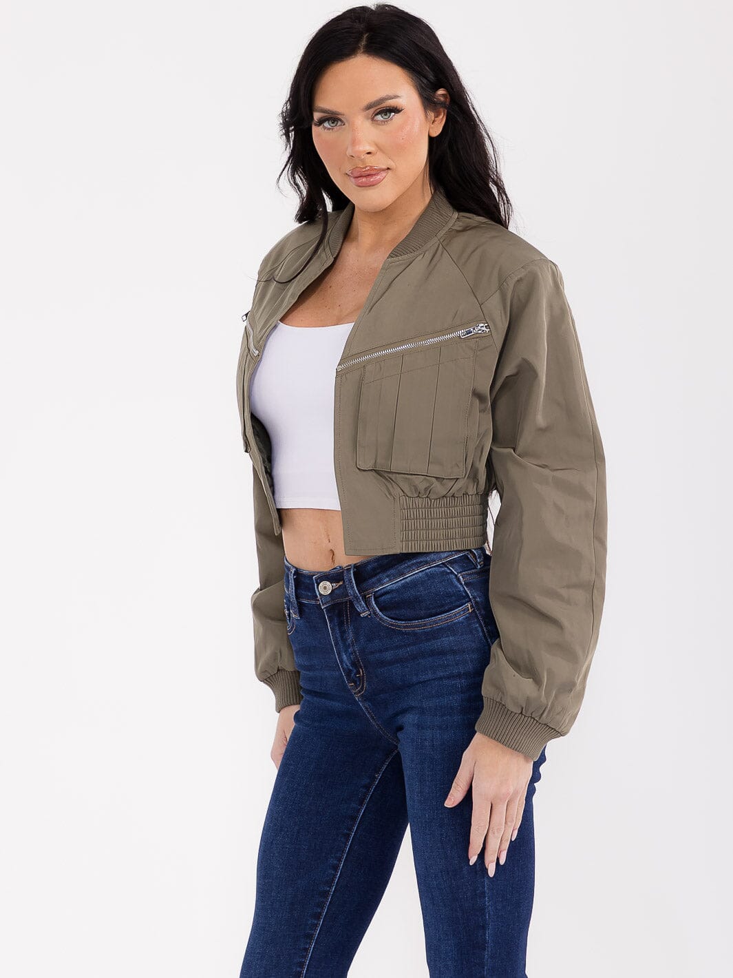 WOMEN'S LONG SLEEVE ZIP UP FRONT POCKETS BOMBER JACKET