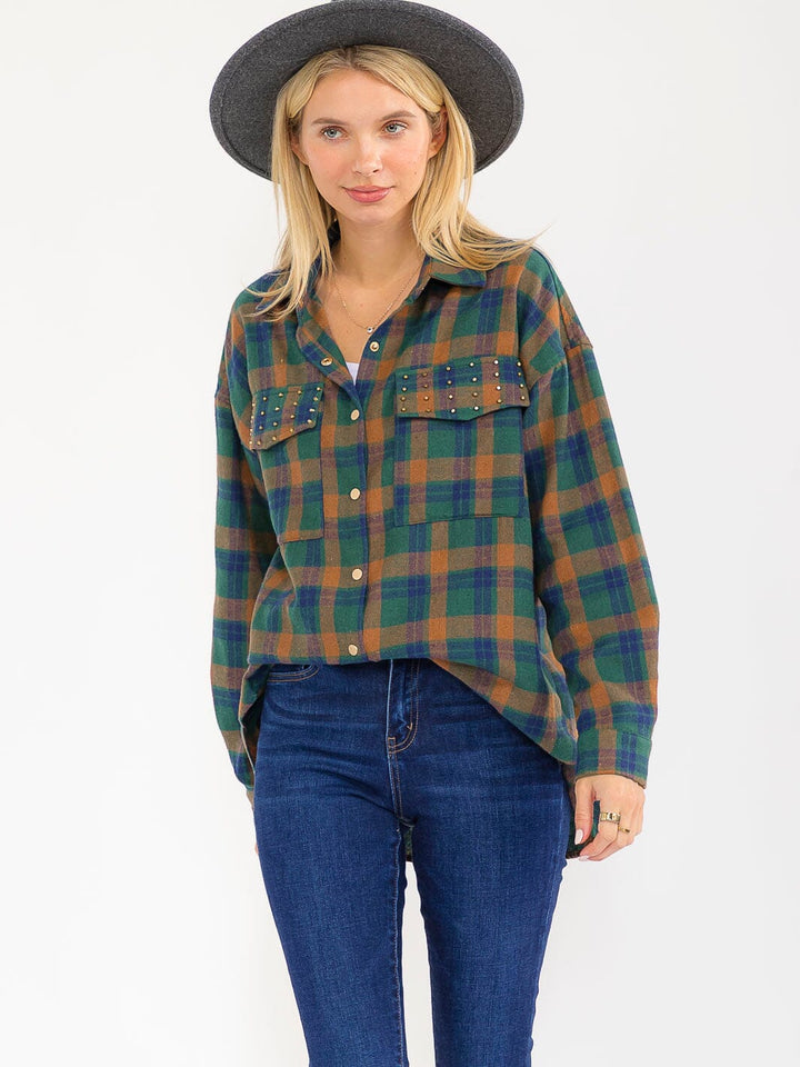 WOMEN'S LONG SLEEVE BUTTON UP FRONT POCKETS PLAID SHIRT