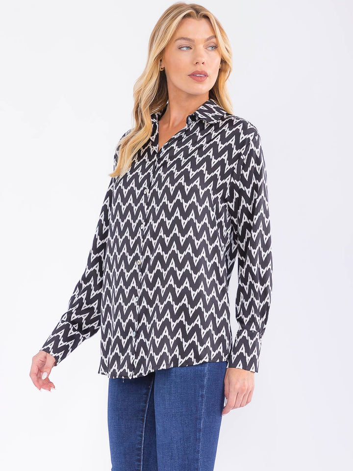WOMEN'S LONG SLEEVE BUTTON UP HIGH-LOW PRINT BLOUSE