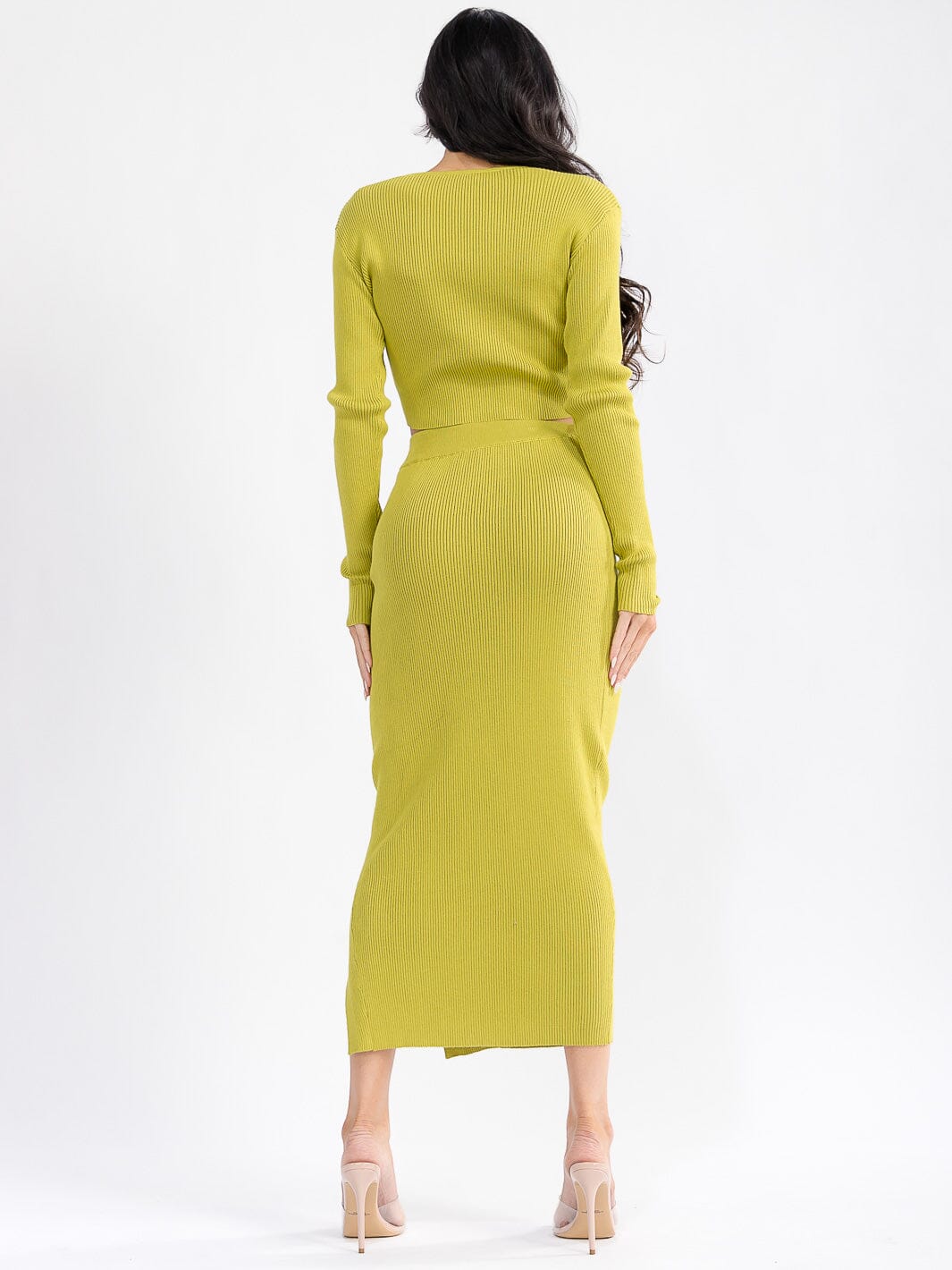 WOMEN'S LONG SLEEVE SURPLICE CROP TOP & ELASTIC WAIST MAXI SKIRT RIBBED 2PC. SET