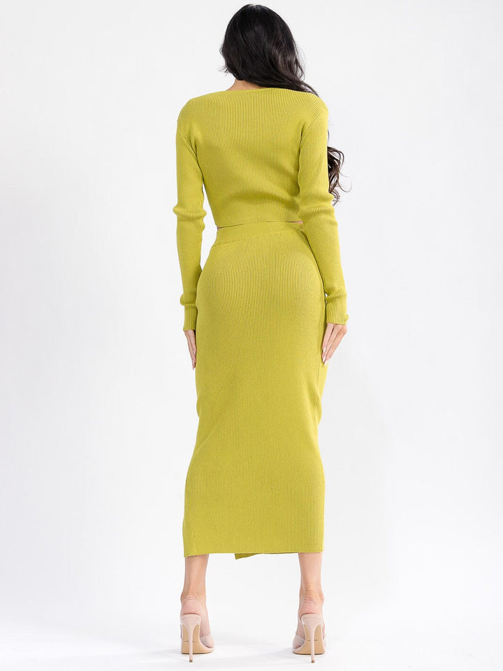 WOMEN'S LONG SLEEVE SURPLICE CROP TOP & ELASTIC WAIST MAXI SKIRT RIBBED 2PC. SET