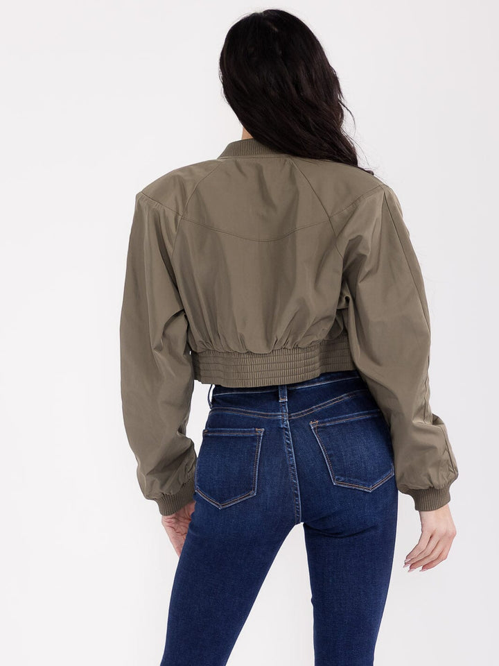 WOMEN'S LONG SLEEVE ZIP UP FRONT POCKETS BOMBER JACKET