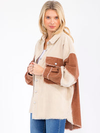 WOMEN'S LONG SLEEVE BUTTON CLOSURE FRONT POCKETS COLORBLOCK CORDUROY SHACKET