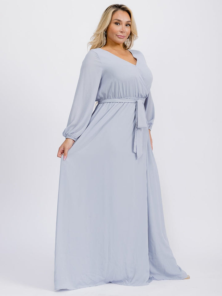 PUS SIZE LONG SLEEVE SELF TIE SURPLICE MAXI GOWN DRESS