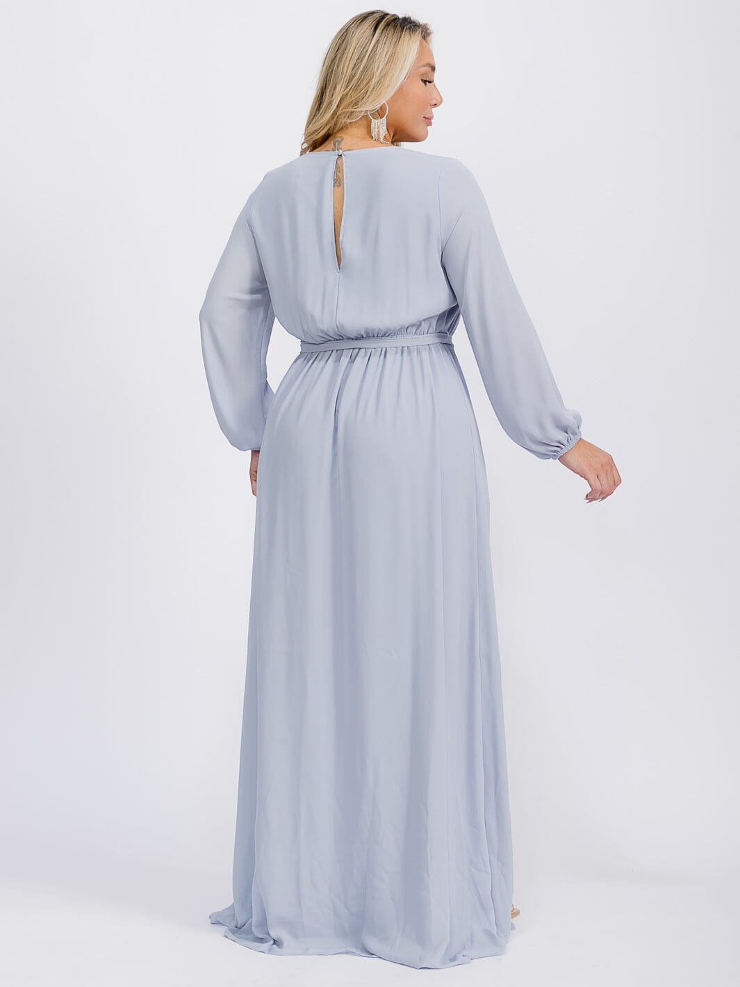 PUS SIZE LONG SLEEVE SELF TIE SURPLICE MAXI GOWN DRESS