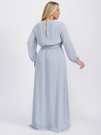 PUS SIZE LONG SLEEVE SELF TIE SURPLICE MAXI GOWN DRESS