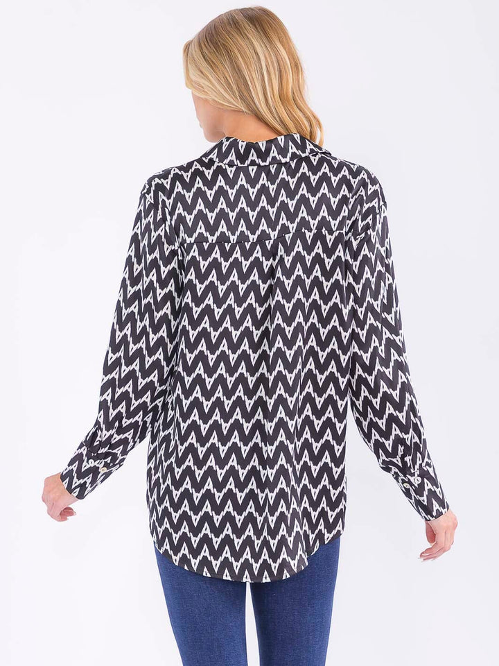 WOMEN'S LONG SLEEVE BUTTON UP HIGH-LOW PRINT BLOUSE