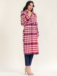 WOMEN'S LONG SLEEVE BUTTON CLOSURE FRONT POCKETS HOUNDSTOOTH PATTERNED COAT