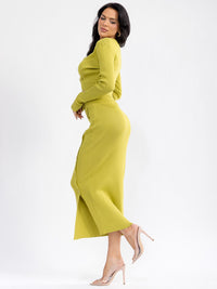 WOMEN'S LONG SLEEVE SURPLICE CROP TOP & ELASTIC WAIST MAXI SKIRT RIBBED 2PC. SET