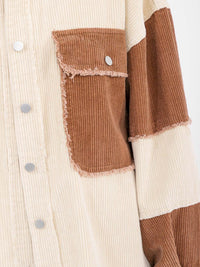 WOMEN'S LONG SLEEVE BUTTON CLOSURE FRONT POCKETS COLORBLOCK CORDUROY SHACKET
