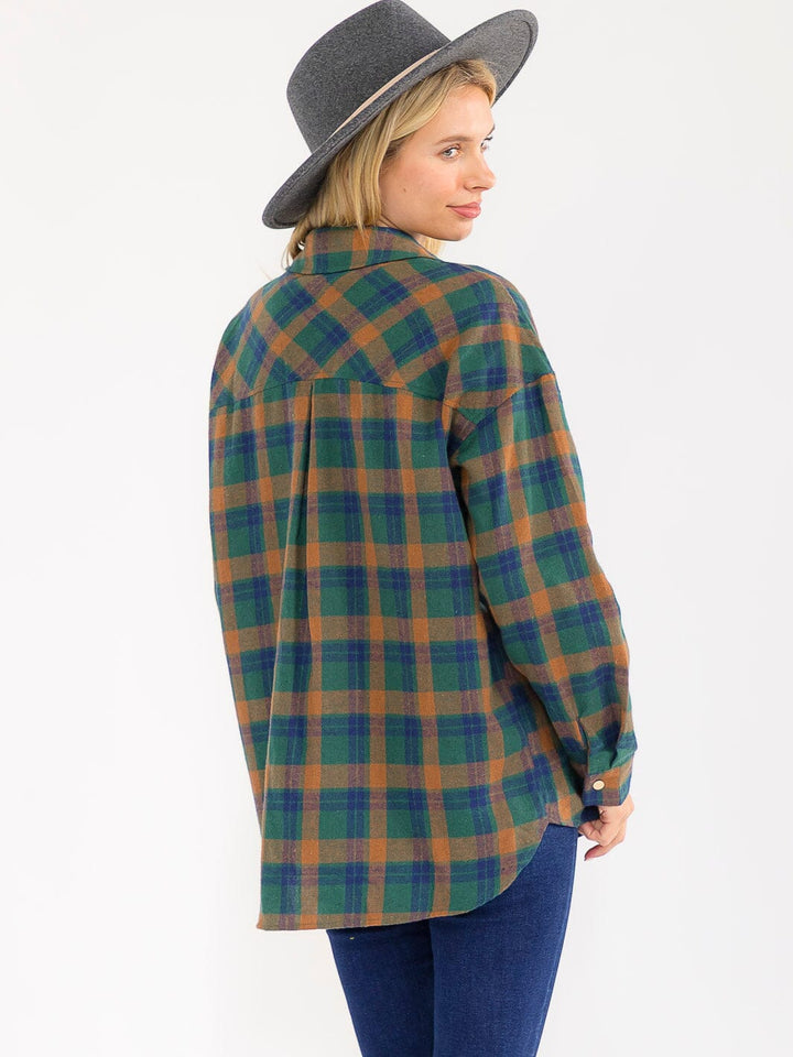 WOMEN'S LONG SLEEVE BUTTON UP FRONT POCKETS PLAID SHIRT