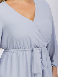 PUS SIZE LONG SLEEVE SELF TIE SURPLICE MAXI GOWN DRESS