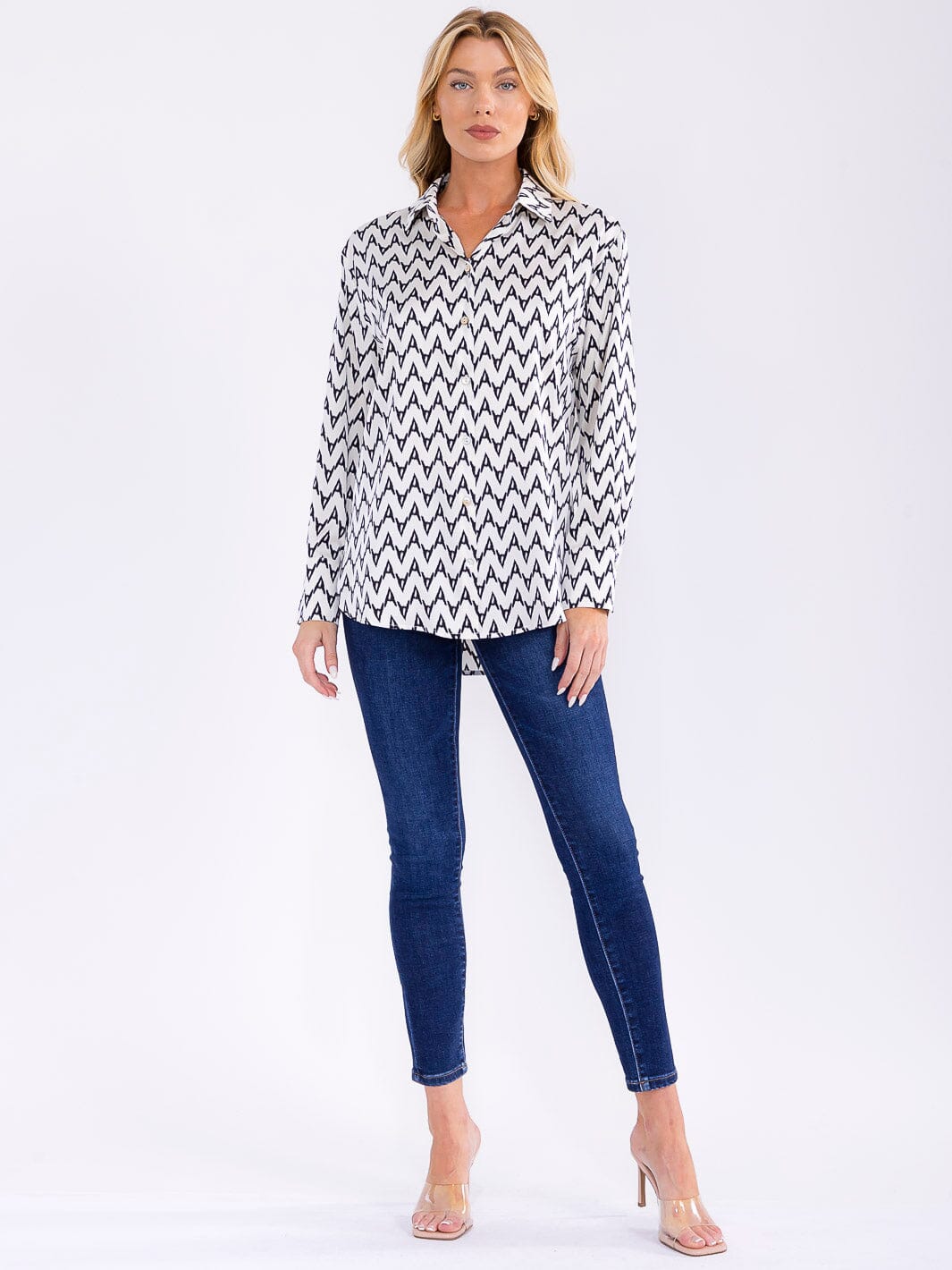 WOMEN'S LONG SLEEVE BUTTON UP HIGH-LOW PRINT BLOUSE