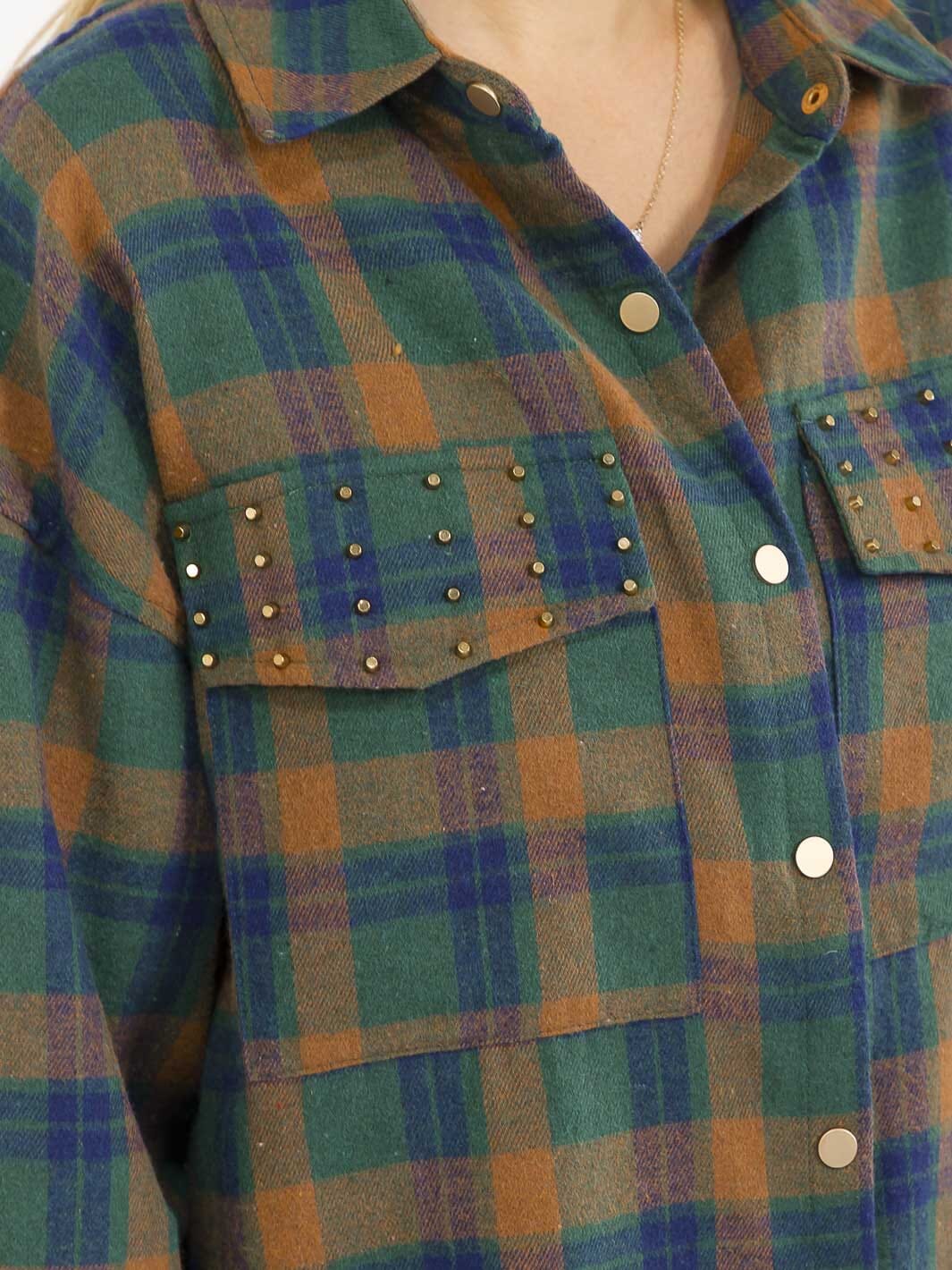 WOMEN'S LONG SLEEVE BUTTON UP FRONT POCKETS PLAID SHIRT