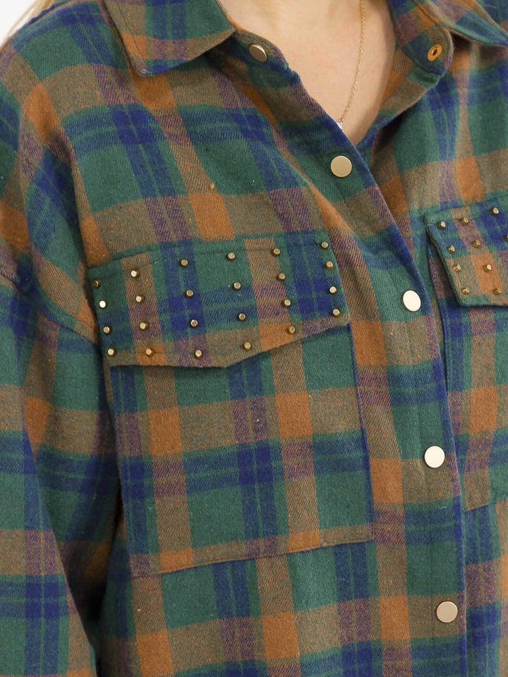 WOMEN'S LONG SLEEVE BUTTON UP FRONT POCKETS PLAID SHIRT