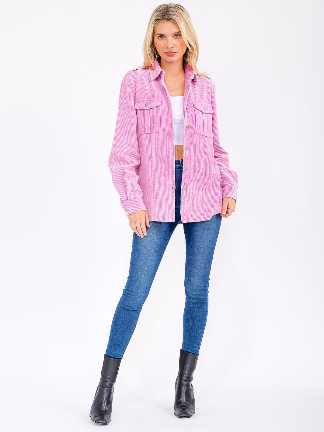 WOMEN'S LONG SLEEVE BUTTON CLOSURE FRONT POCKETS CORDUROY SHACKET