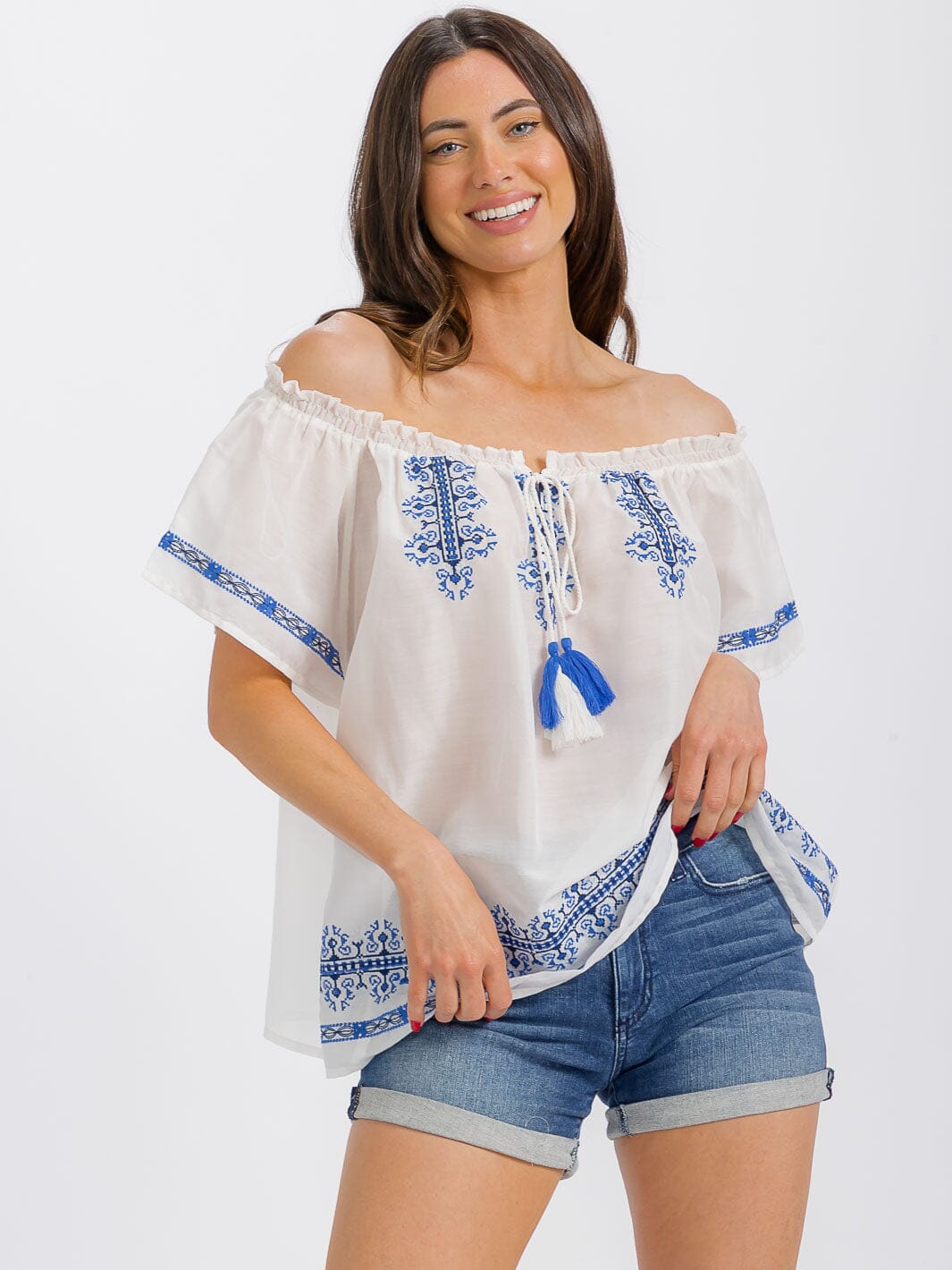 WOMEN'S SHORT SLEEVE EMBROIDERY DETAILED BLOUSE