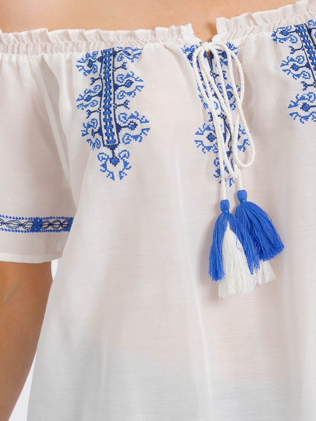 WOMEN'S SHORT SLEEVE EMBROIDERY DETAILED BLOUSE