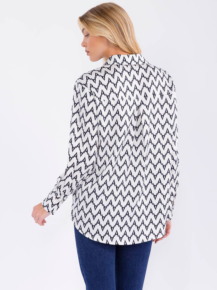 WOMEN'S LONG SLEEVE BUTTON UP HIGH-LOW PRINT BLOUSE