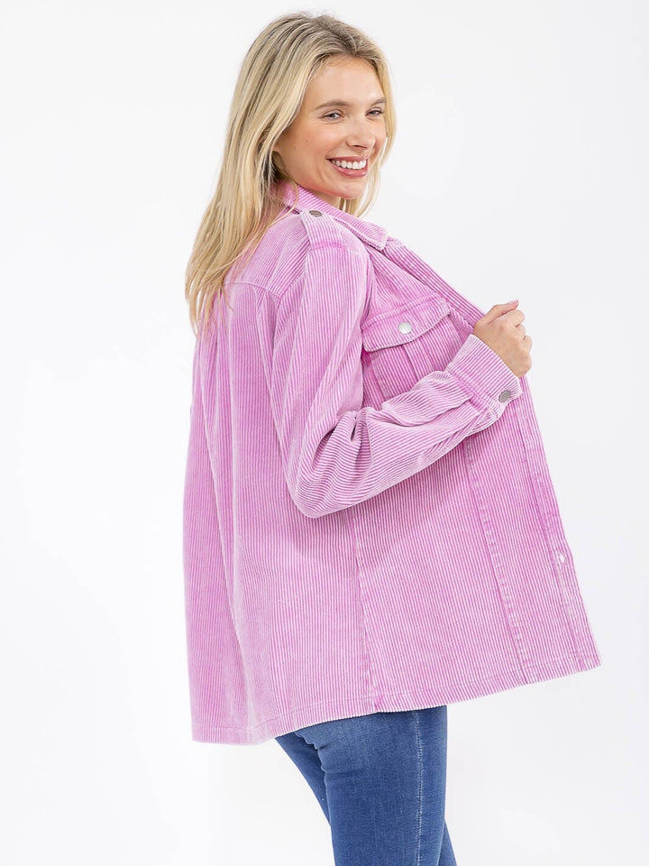 WOMEN'S LONG SLEEVE BUTTON CLOSURE FRONT POCKETS CORDUROY SHACKET