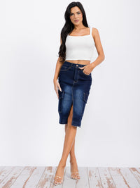 WOMEN'S BUTTON CLOSURE FRONT SLIT CARGO POCKETS WASHED DENIM MIDI SKIRT