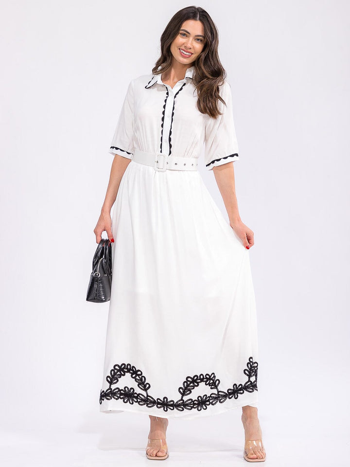 WOMEN'S SHORT SLEEVE BUTTON UP BELTED COLORBLOCK MAXI DRESS