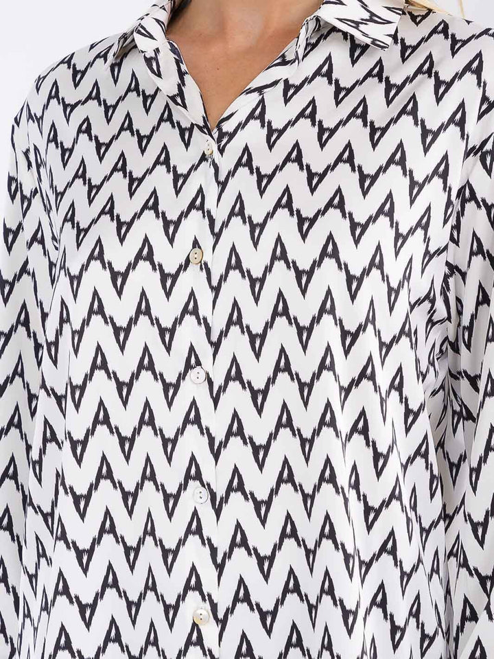 WOMEN'S LONG SLEEVE BUTTON UP HIGH-LOW PRINT BLOUSE