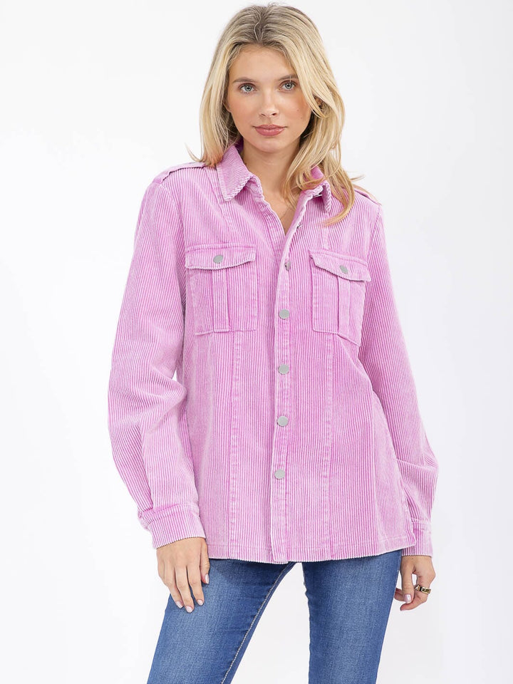 WOMEN'S LONG SLEEVE BUTTON CLOSURE FRONT POCKETS CORDUROY SHACKET