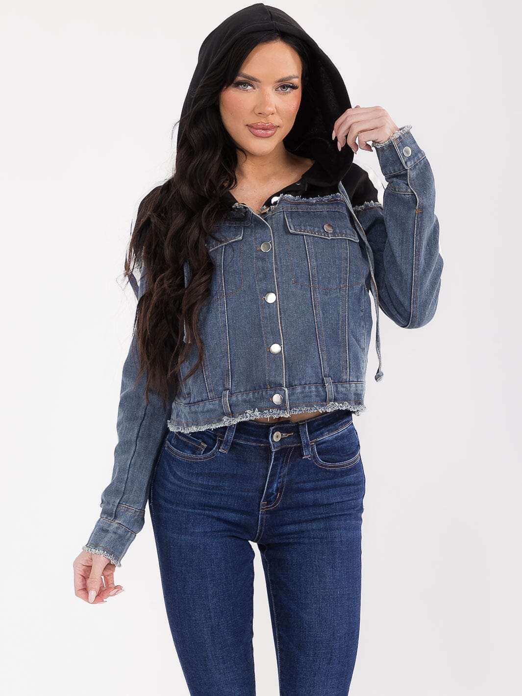 WOMEN'S LONG SLEEVE BUTTON CLOSURE FRONT POCKETS HOODED DENIM CONTRAST JACKET