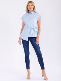 WOMEN'S SHORT SLEEVE BUTTON UP FRONT TIE BLOUSE