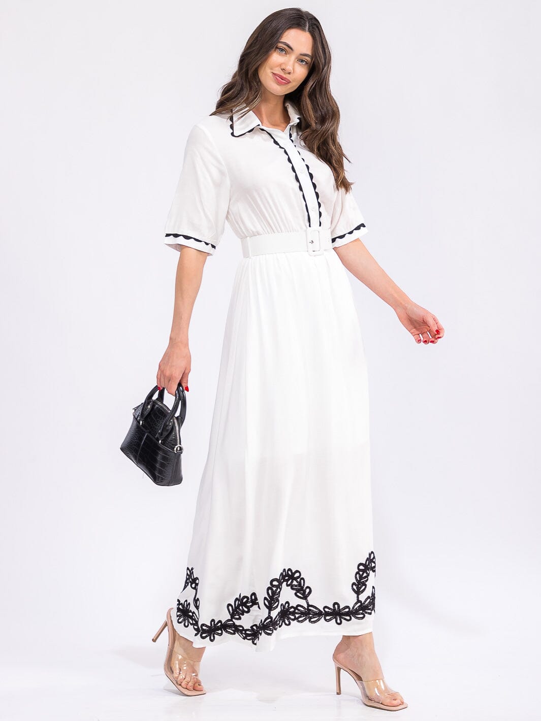 WOMEN'S SHORT SLEEVE BUTTON UP BELTED COLORBLOCK MAXI DRESS