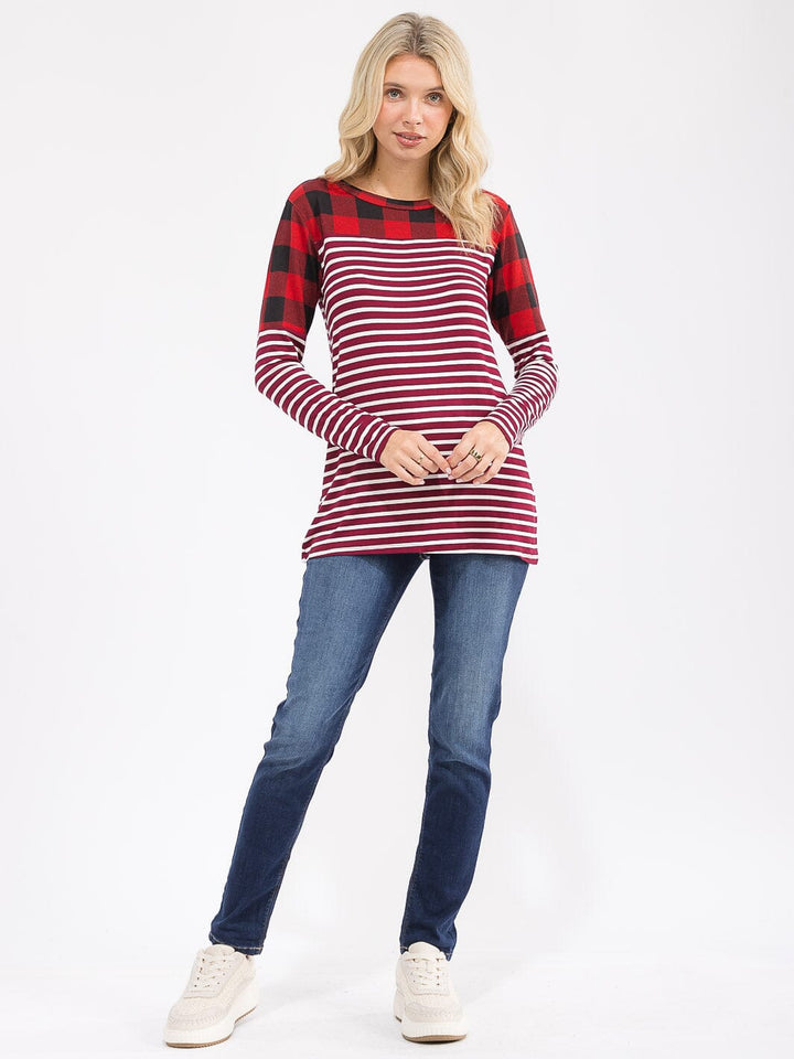 WOMEN'S LONG SLEEVE COLORBLOCK CONTRAST PRINT LOOSE FIT TOP