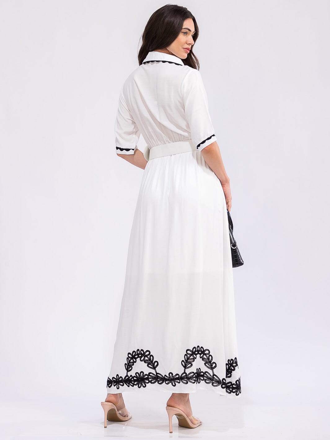 WOMEN'S SHORT SLEEVE BUTTON UP BELTED COLORBLOCK MAXI DRESS