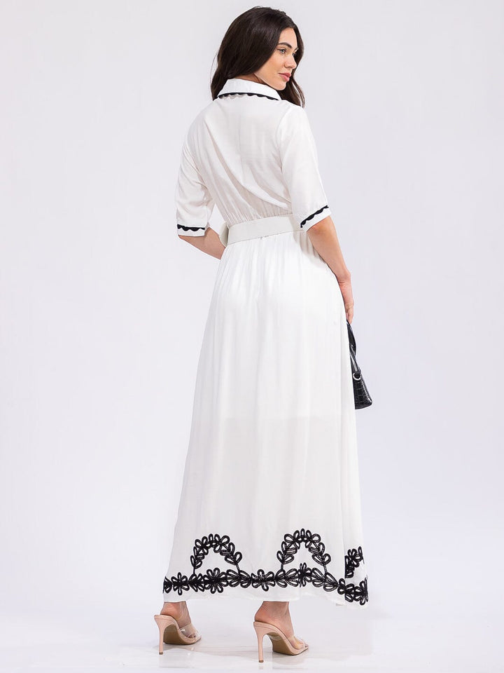 WOMEN'S SHORT SLEEVE BUTTON UP BELTED COLORBLOCK MAXI DRESS