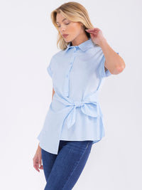 WOMEN'S SHORT SLEEVE BUTTON UP FRONT TIE BLOUSE