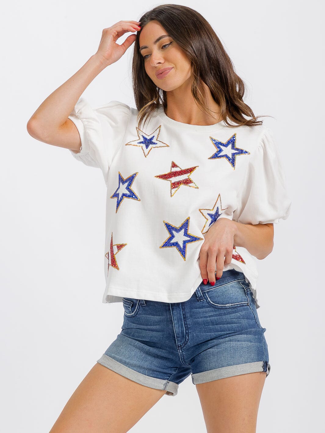WOMEN'S SHORT SLEEVE STARS PATRIOTIC GRAPHIC TOP