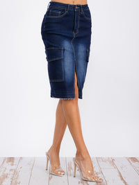 WOMEN'S BUTTON CLOSURE FRONT SLIT CARGO POCKETS WASHED DENIM MIDI SKIRT