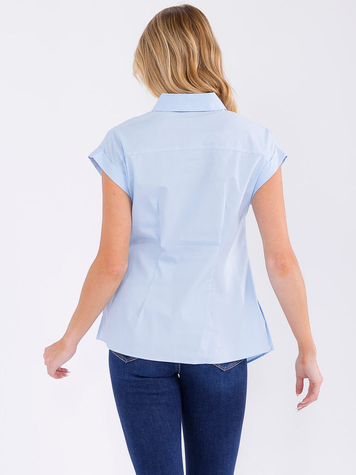 WOMEN'S SHORT SLEEVE BUTTON UP FRONT TIE BLOUSE